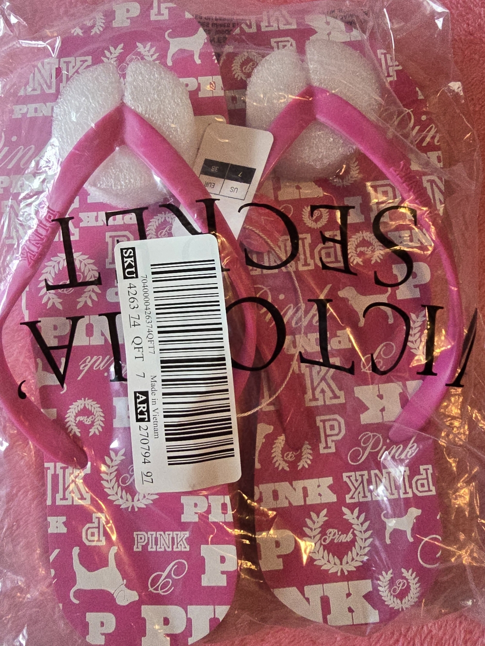 Victoria's Secret Pink Patterned Hot Pink Flip Flop Sandals